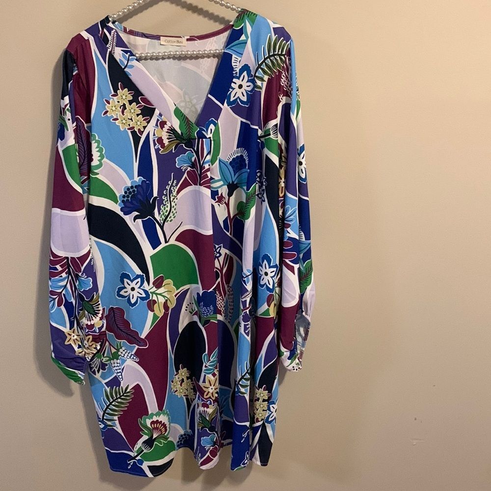 Cotton Bleu Women Multicolor Abstract Floral Mod VNeck Shift Dress Plus Size 2XL